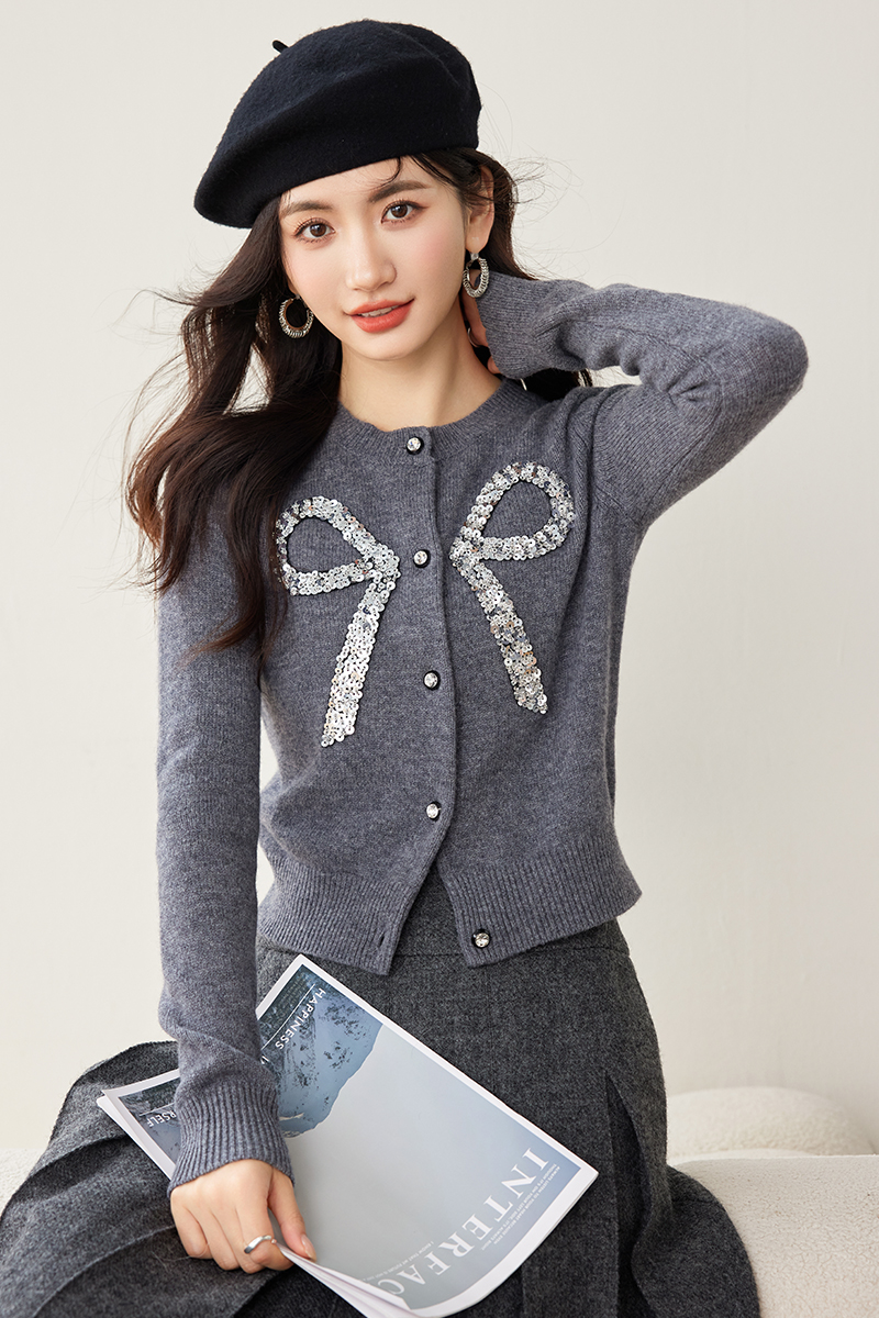 Sweet temperament gray tops chanelstyle knitted coat