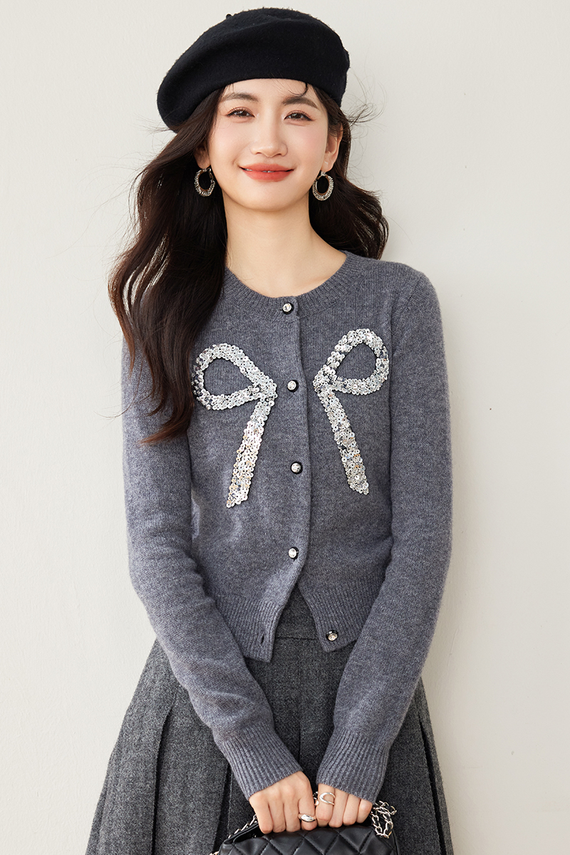 Sweet temperament gray tops chanelstyle knitted coat