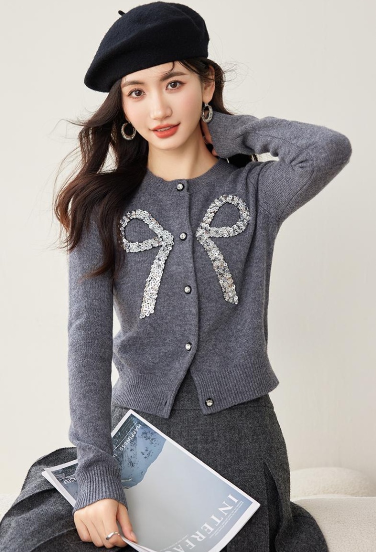 Sweet temperament gray tops chanelstyle knitted coat