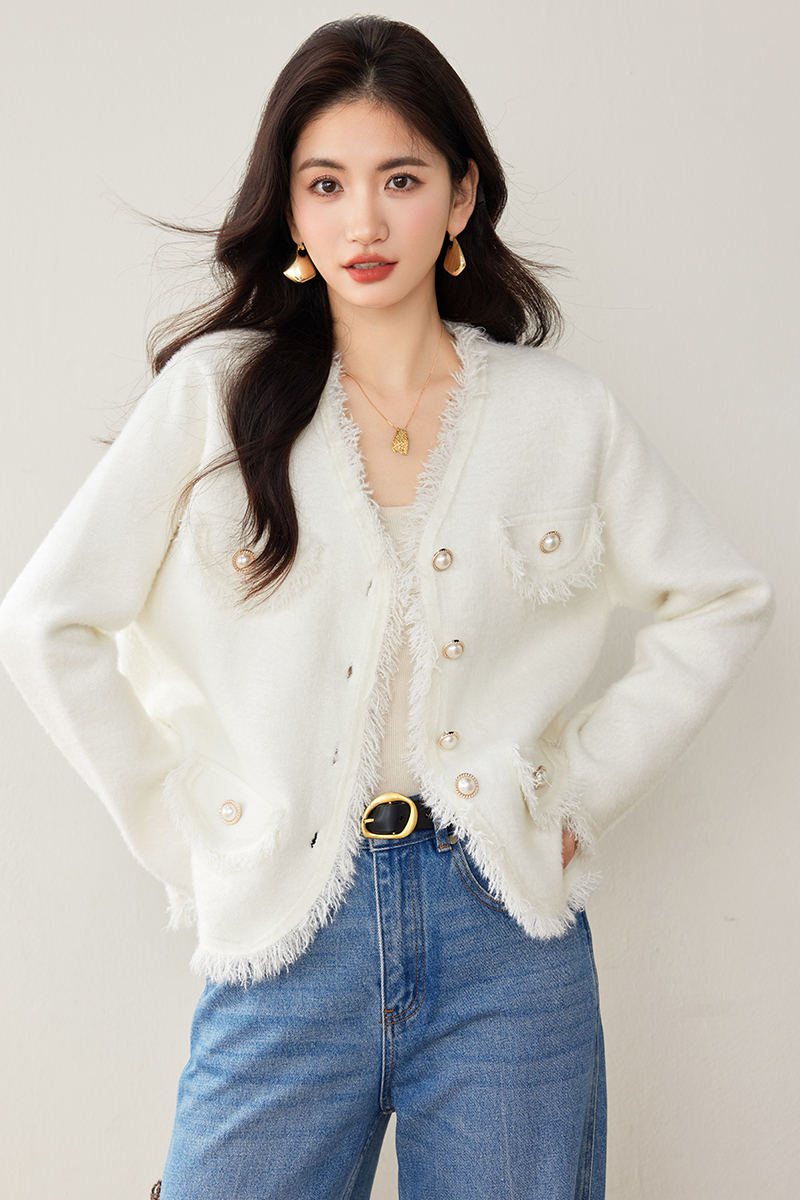 Imitation of mink velvet knitted coat V-neck sweater