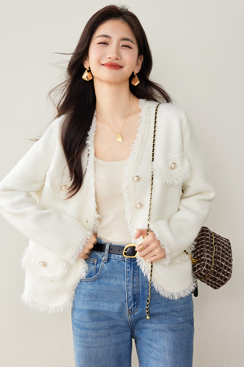 Imitation of mink velvet knitted coat V-neck sweater