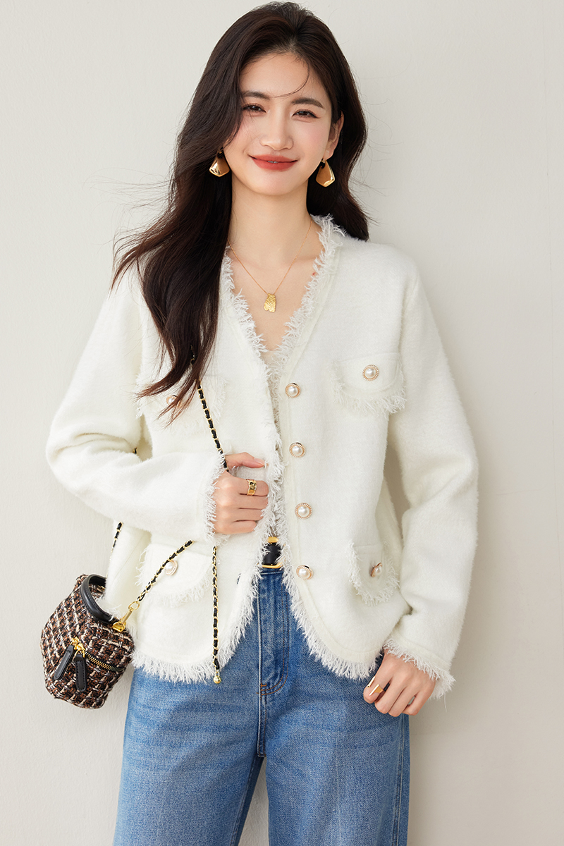 Imitation of mink velvet knitted coat V-neck sweater