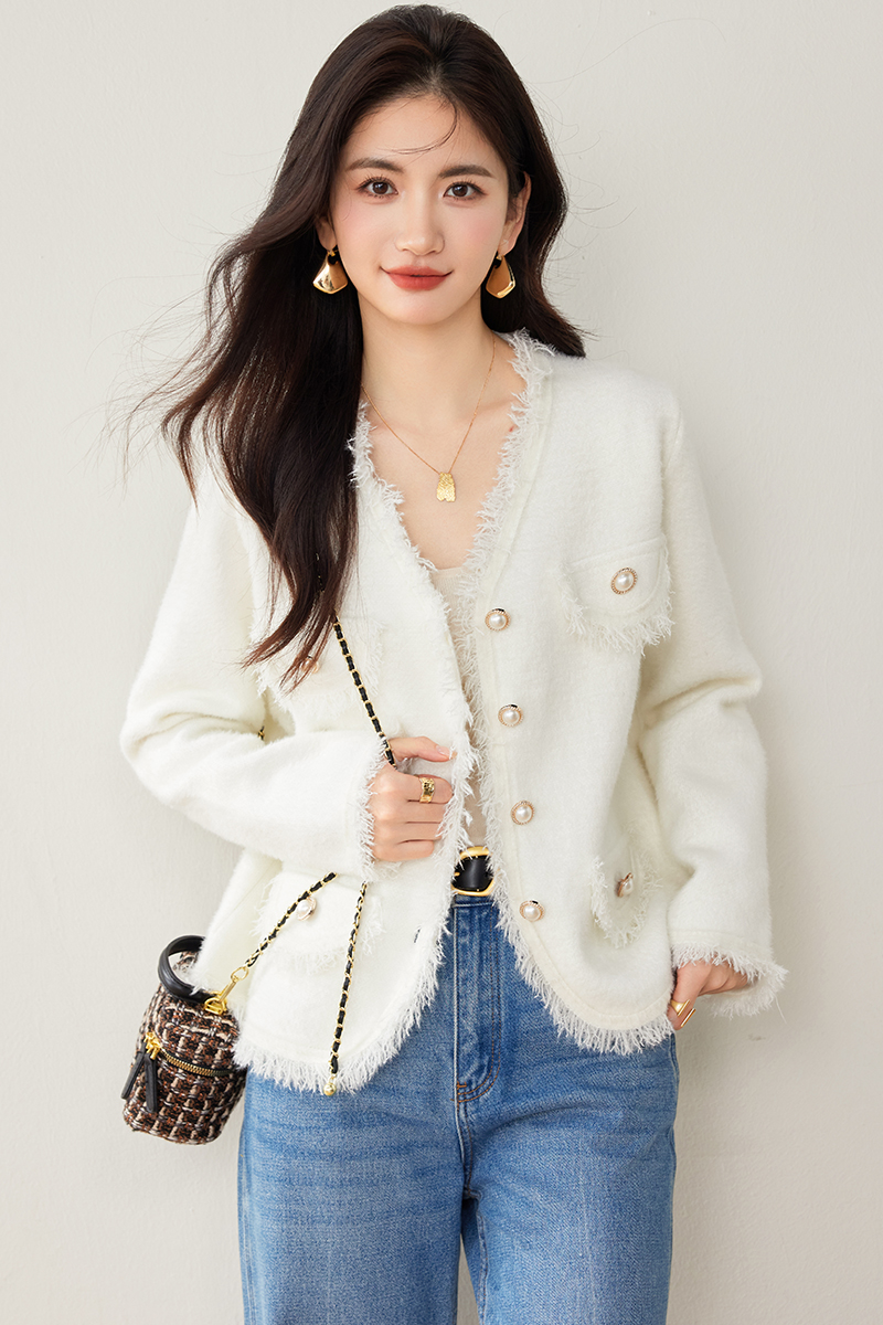 Imitation of mink velvet knitted coat V-neck sweater