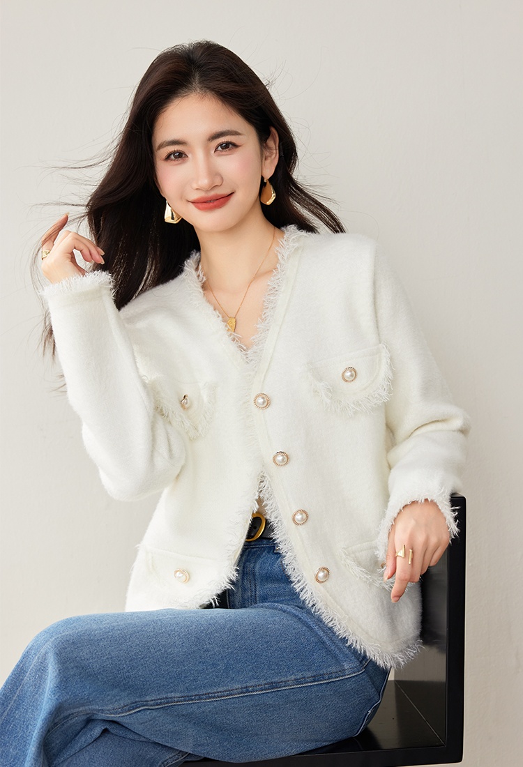 Imitation of mink velvet knitted coat V-neck sweater