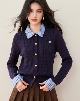 Winter plaid splice Pseudo-two sweater for women