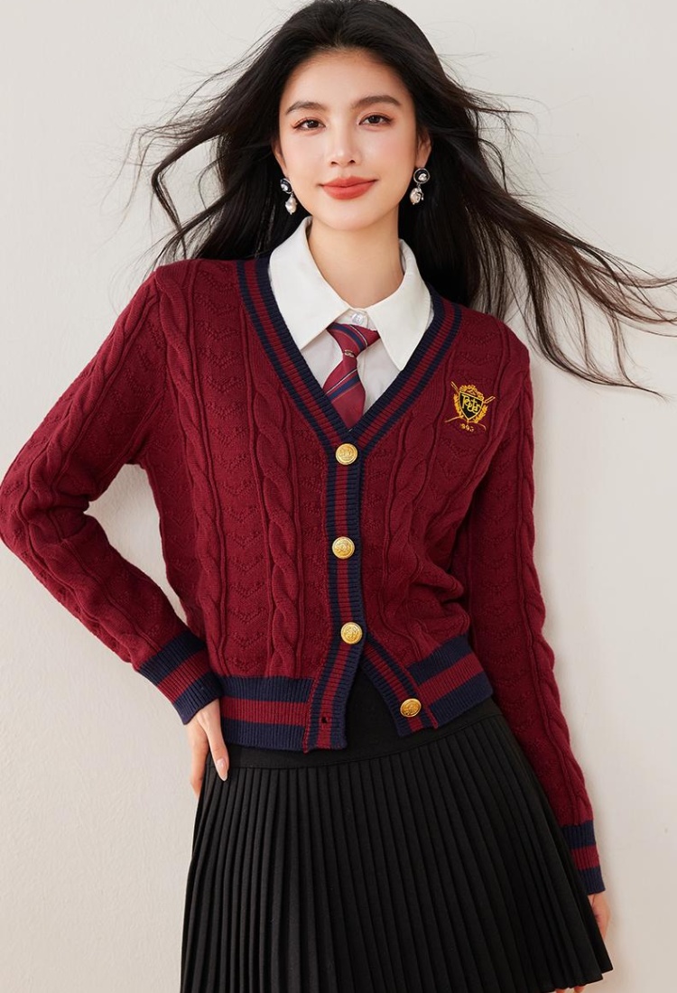 College style red tops winter thick cardigan