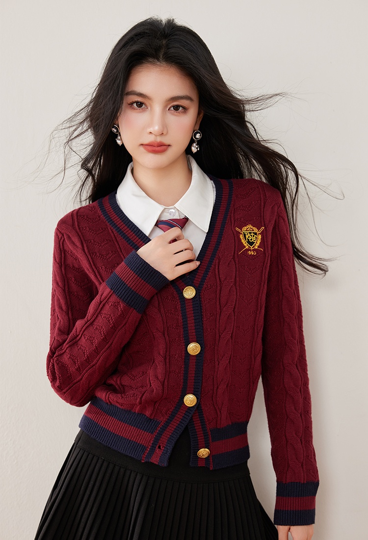 College style red tops winter thick cardigan