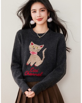 Pullover winter retro kitty embroidery round neck sweater