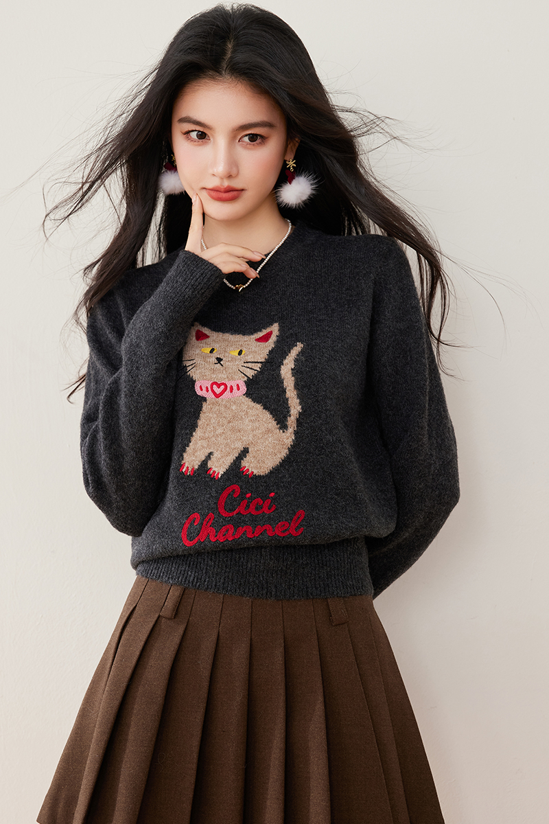 Pullover winter retro kitty embroidery round neck sweater