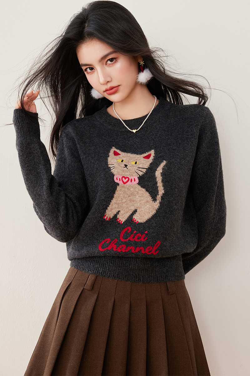 Pullover winter retro kitty embroidery round neck sweater