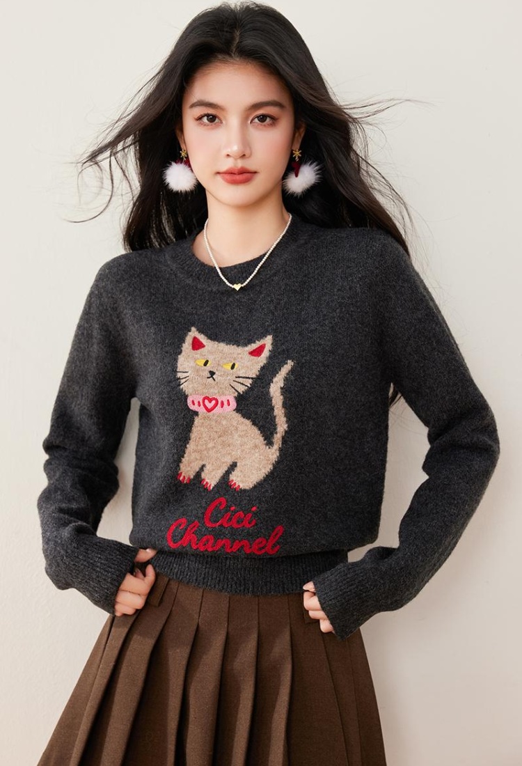 Pullover winter retro kitty embroidery round neck sweater