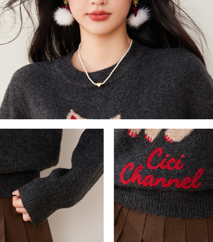 Pullover winter retro kitty embroidery round neck sweater