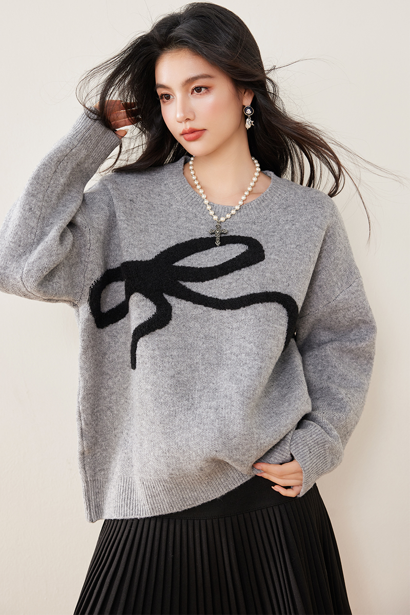 Fat lazy gray sweater winter pullover bow tops