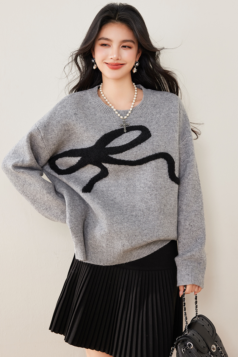 Fat lazy gray sweater winter pullover bow tops