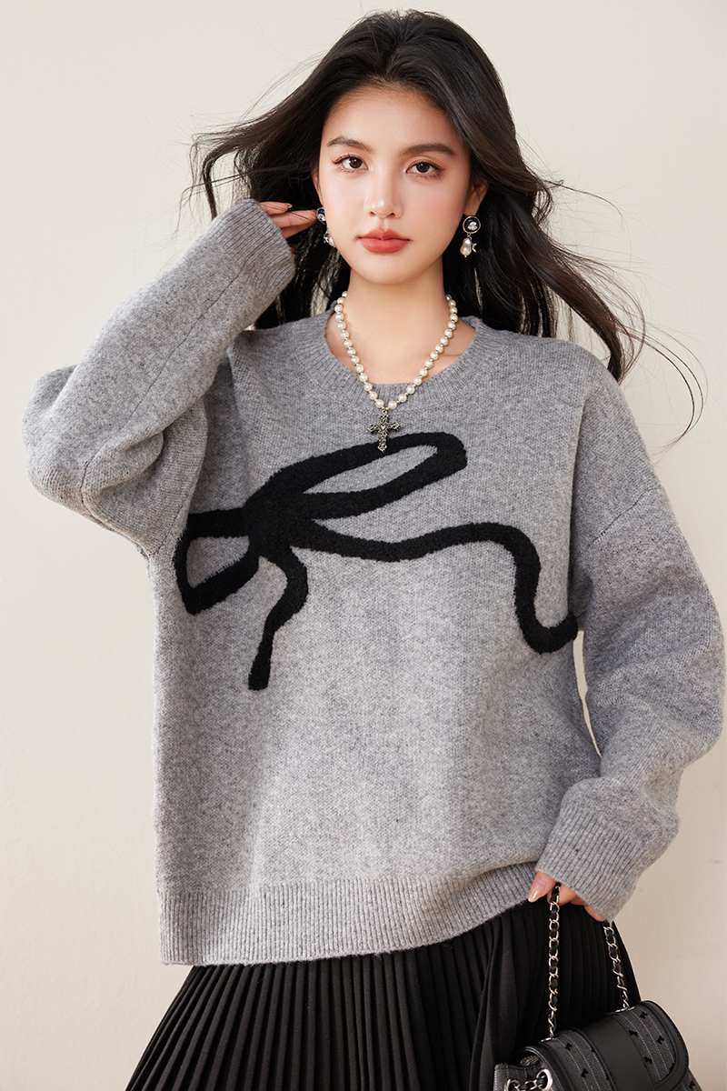 Fat lazy gray sweater winter pullover bow tops