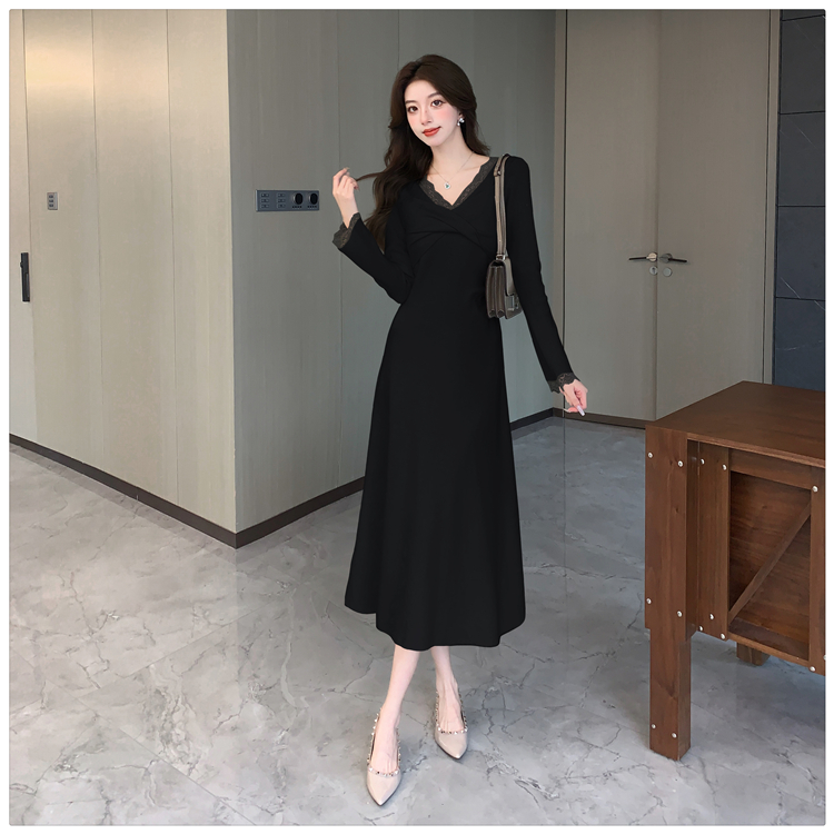 Sexy splice sweater dress pinched waist V-neck dress