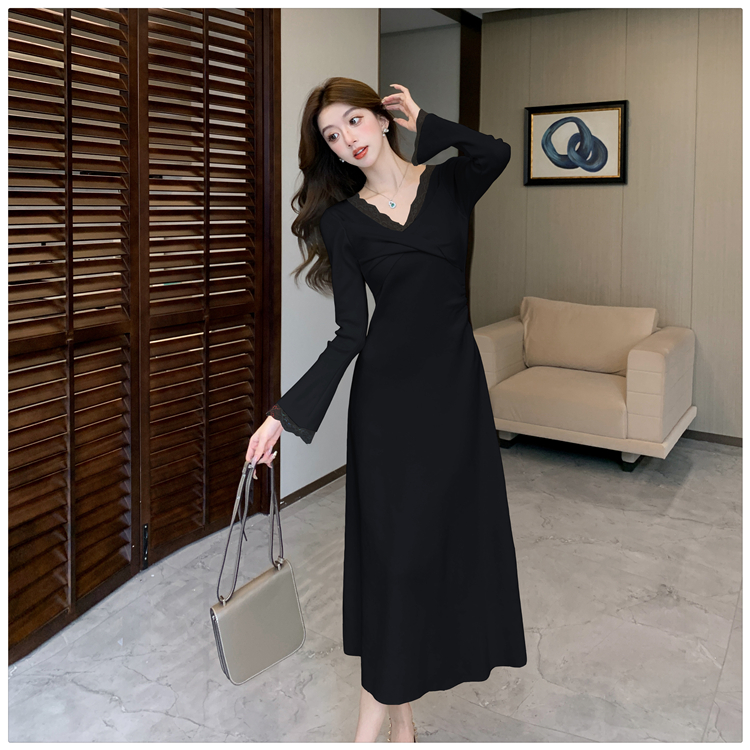 Sexy splice sweater dress pinched waist V-neck dress