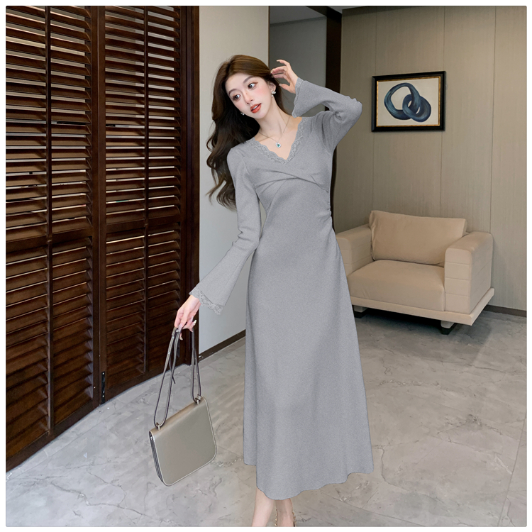 Sexy splice sweater dress pinched waist V-neck dress