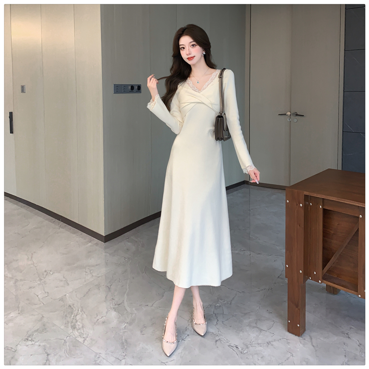 Sexy splice sweater dress pinched waist V-neck dress