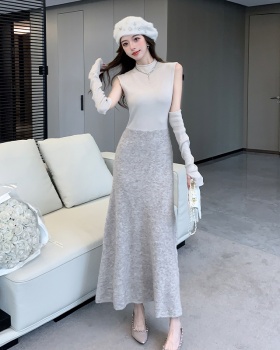 Splice basis wear dress knitted pinched waist sweater dress