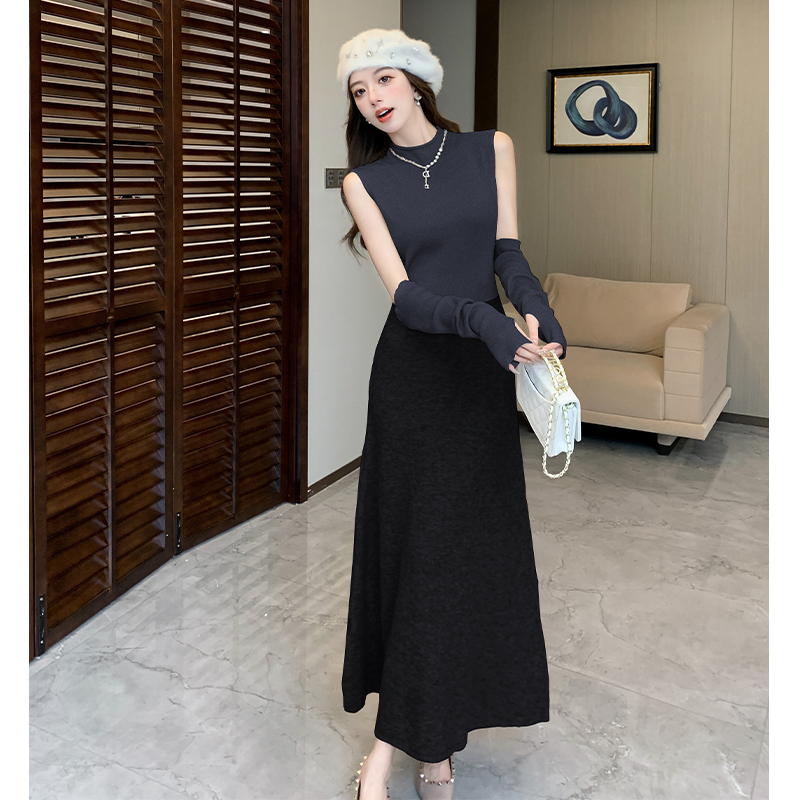 Splice basis wear dress knitted pinched waist sweater dress