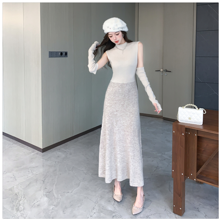 Splice basis wear dress knitted pinched waist sweater dress