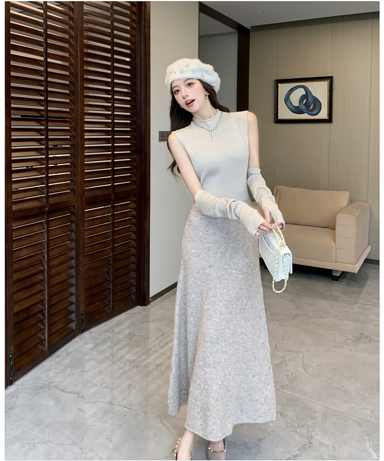 Splice basis wear dress knitted pinched waist sweater dress