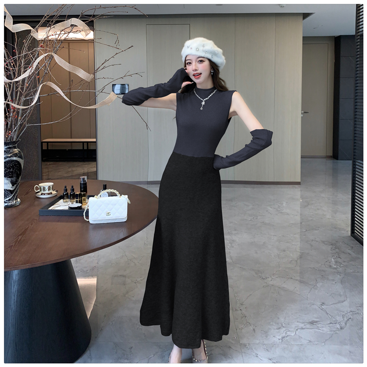 Splice basis wear dress knitted pinched waist sweater dress