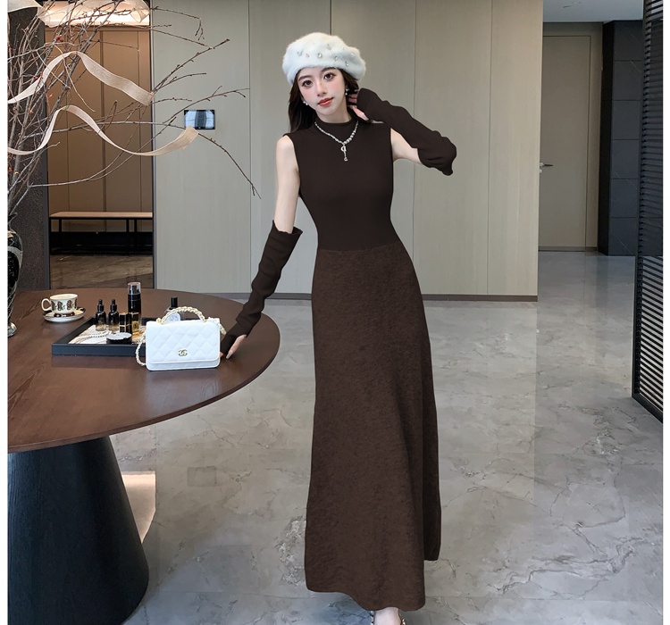 Splice basis wear dress knitted pinched waist sweater dress