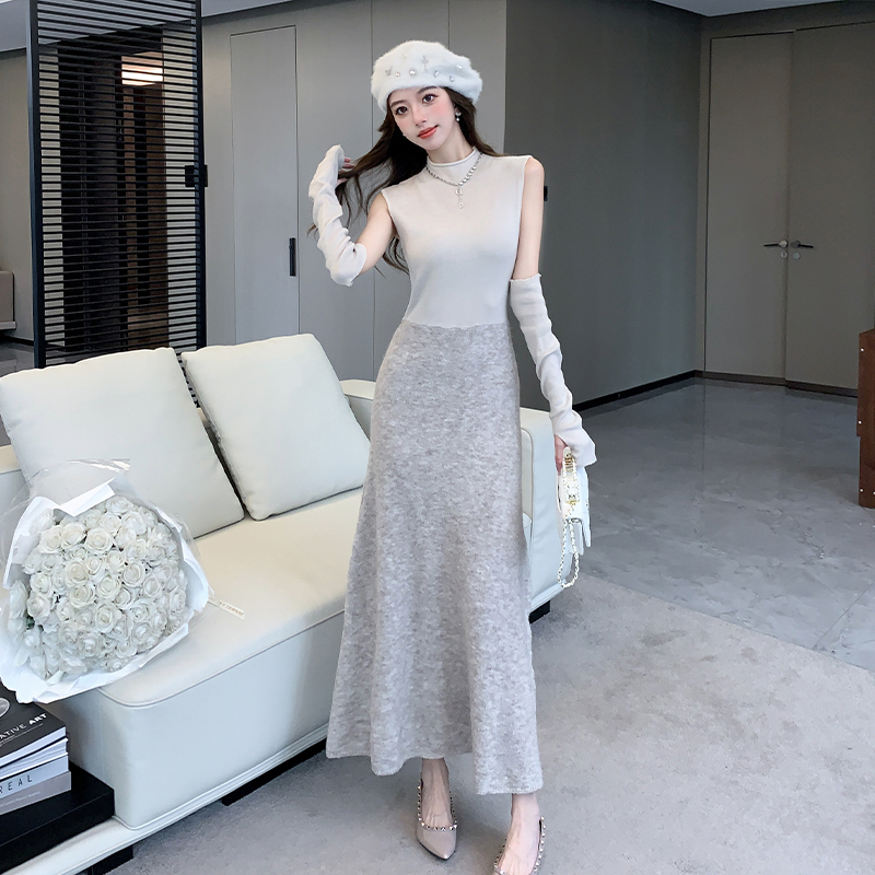 Splice basis wear dress knitted pinched waist sweater dress