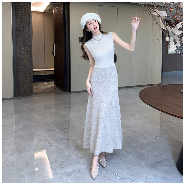 Splice basis wear dress knitted pinched waist sweater dress