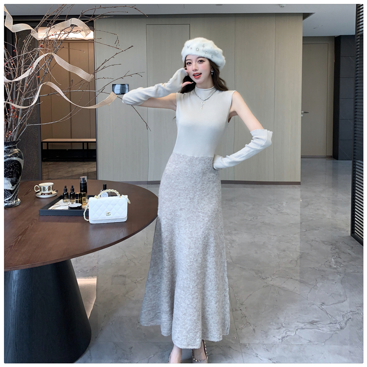 Splice basis wear dress knitted pinched waist sweater dress