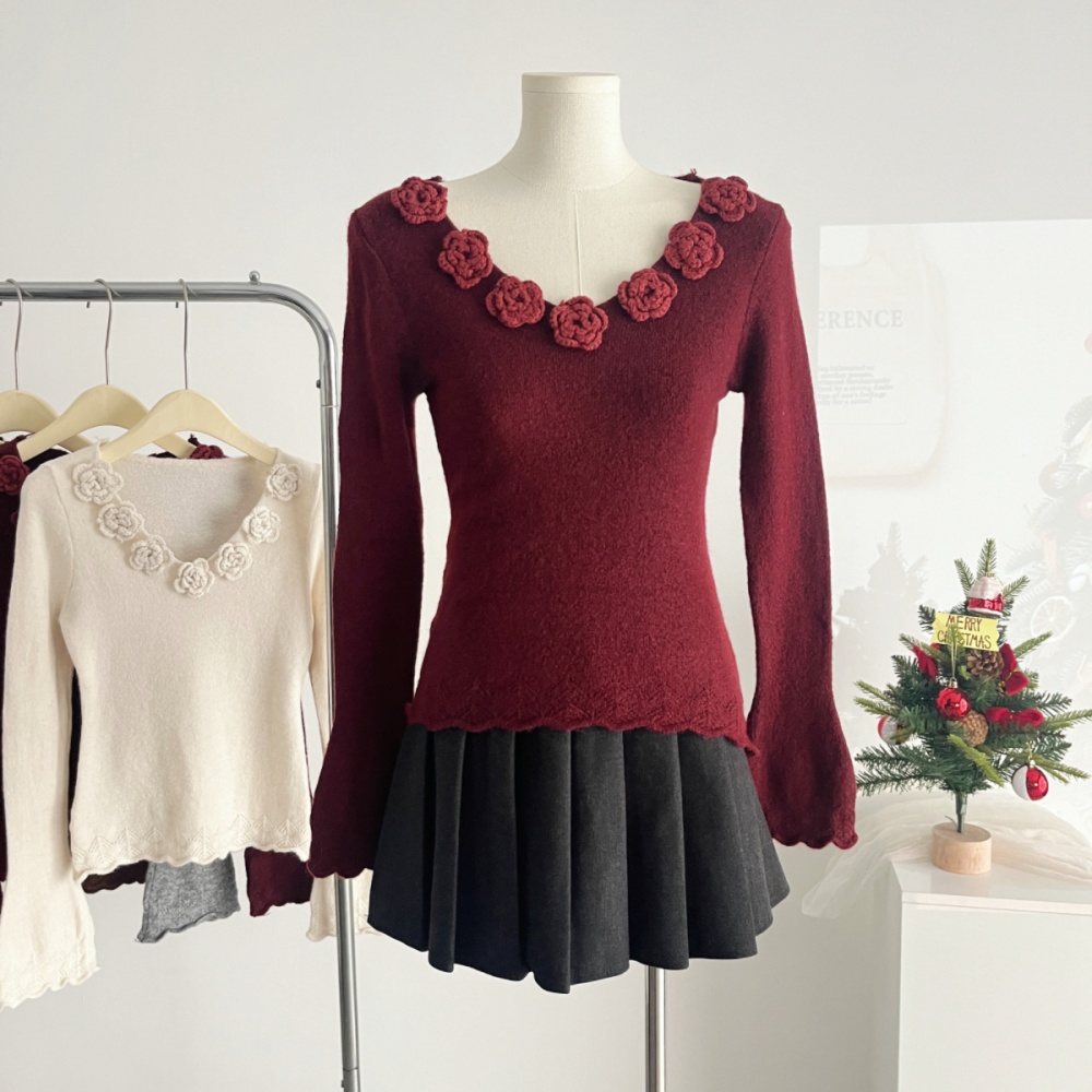 Unique knitted tops stereoscopic V-neck sweater for women