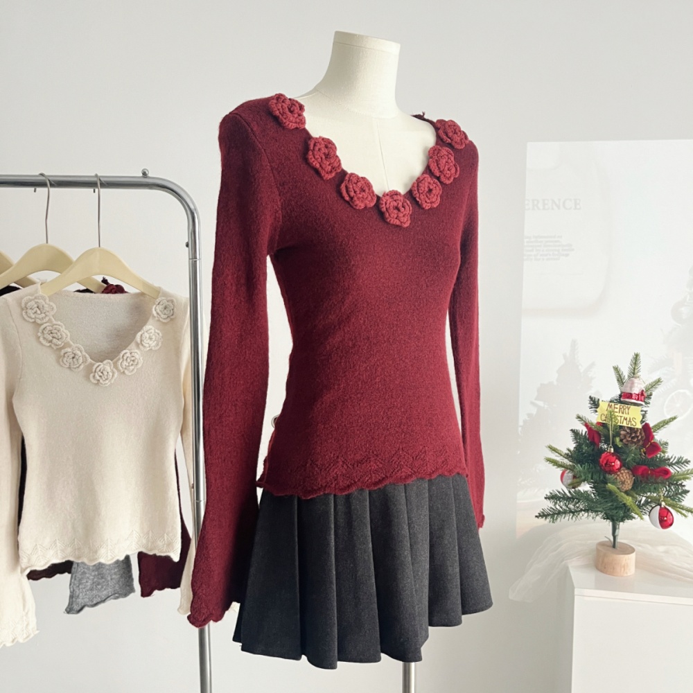 Unique knitted tops stereoscopic V-neck sweater for women