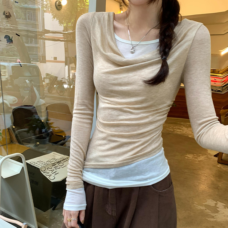 Long sleeve Pseudo-two bottoming shirt splice T-shirt