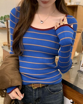 Pit stripe blue tops slim bottoming shirt for women