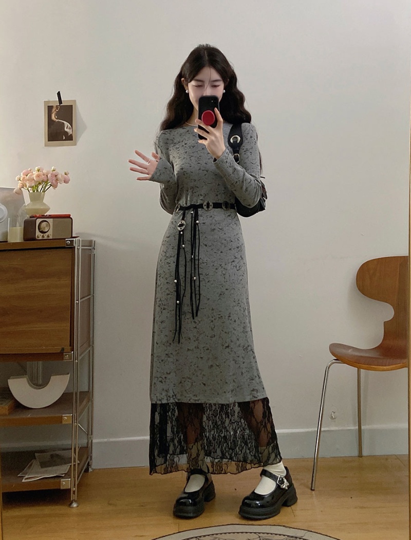 Splice long sleeve knitted temperament dress