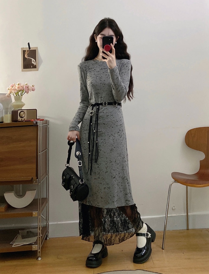 Splice long sleeve knitted temperament dress