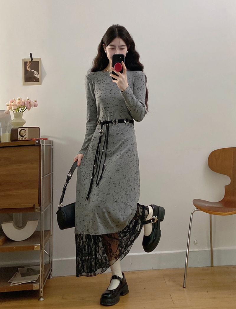 Splice long sleeve knitted temperament dress