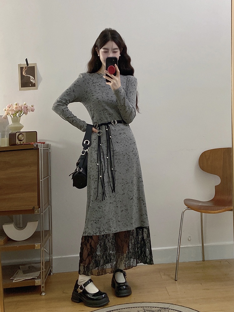 Splice long sleeve knitted temperament dress