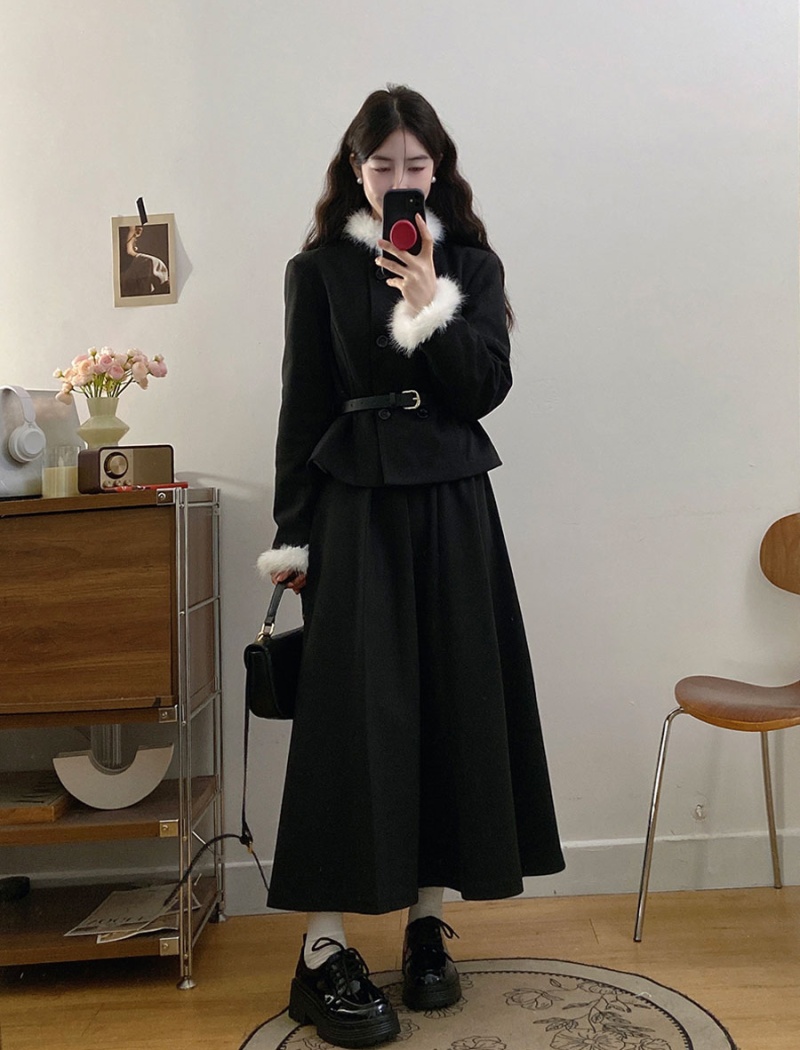 Large yard slim skirt chanelstyle pleated coat 2pcs set for women