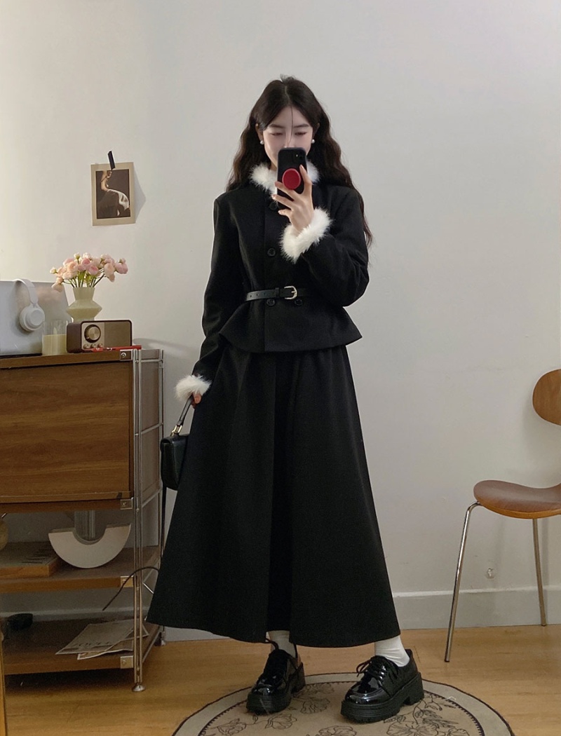 Large yard slim skirt chanelstyle pleated coat 2pcs set for women