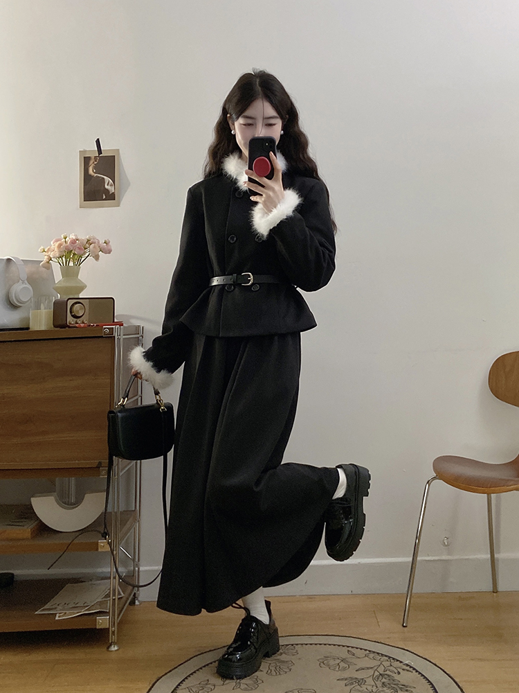 Large yard slim skirt chanelstyle pleated coat 2pcs set for women