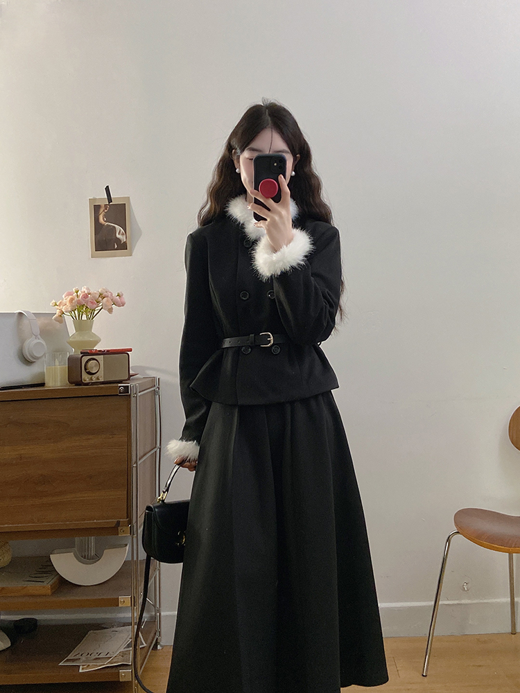 Large yard slim skirt chanelstyle pleated coat 2pcs set for women