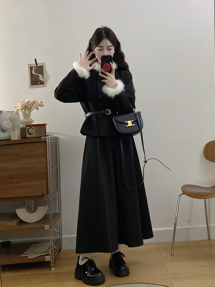 Large yard slim skirt chanelstyle pleated coat 2pcs set for women