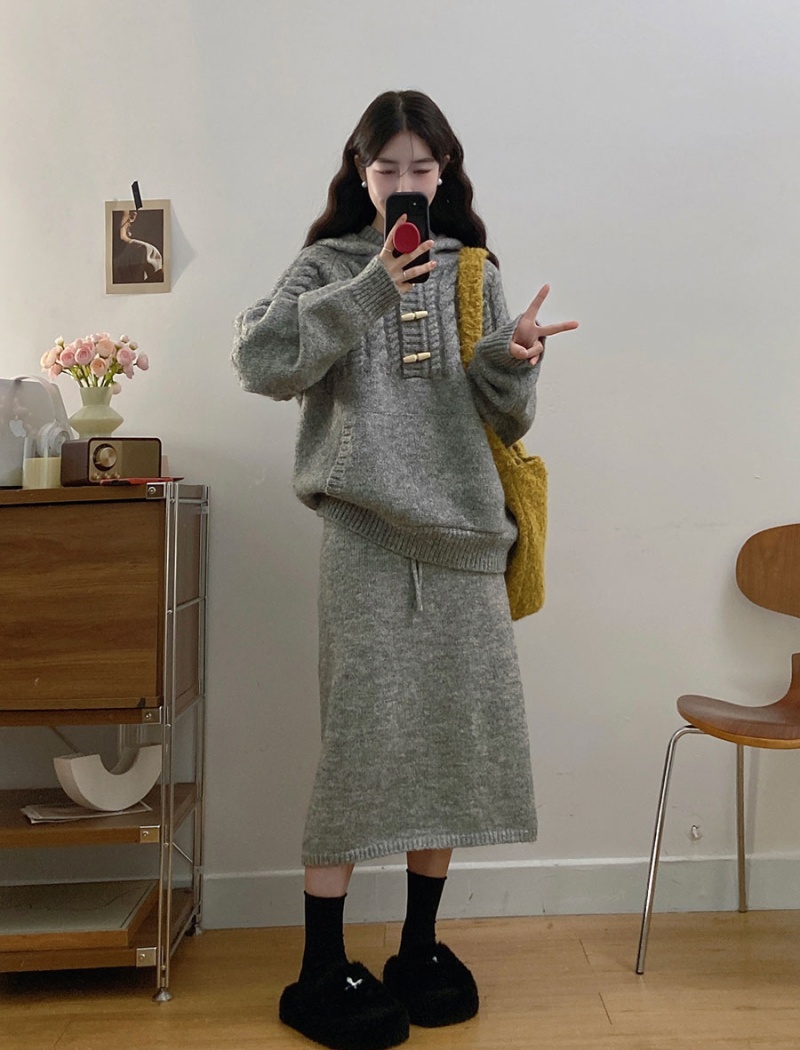 College style large yard hooded sweater 2pcs set for women