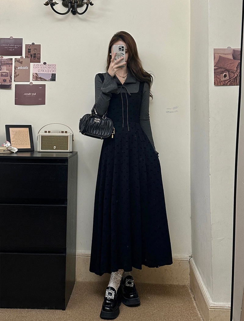 Fat large yard long dress Pseudo-two dress for women