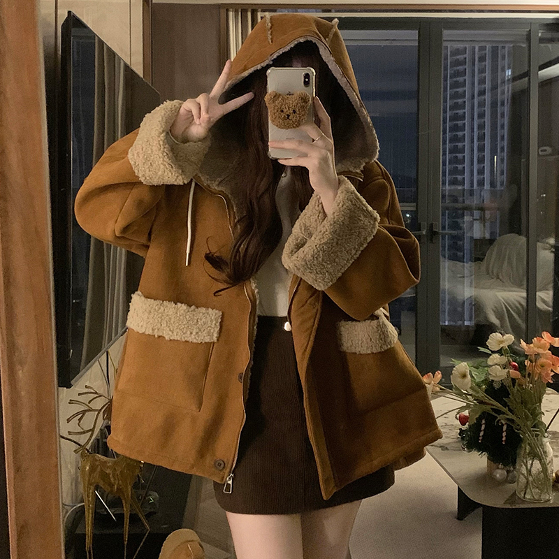 Winter thermal lambs wool coat suede hooded thick overcoat