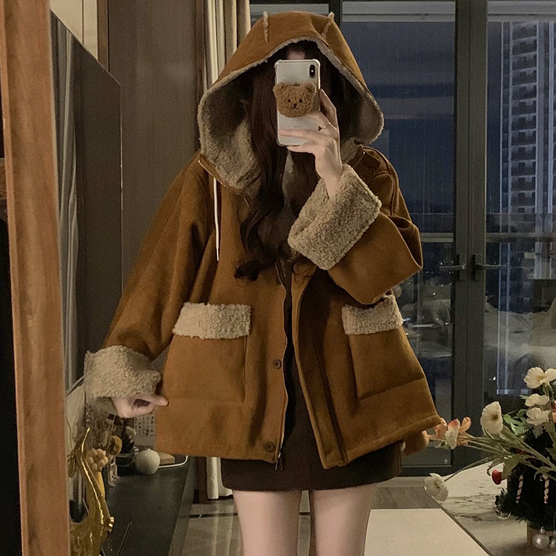 Winter thermal lambs wool coat suede hooded thick overcoat