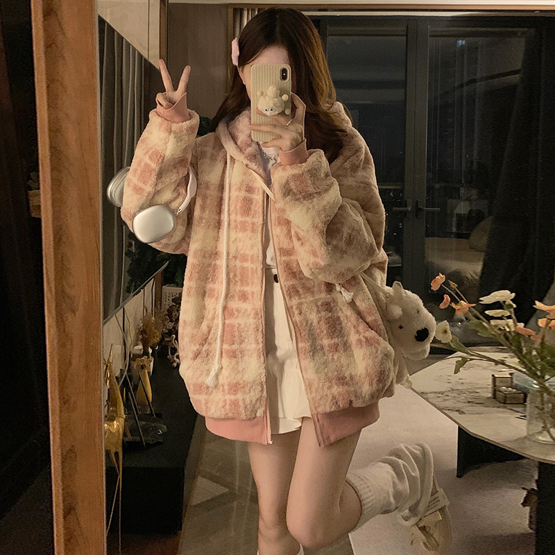 Winter plaid cotton coat long American style coat for women